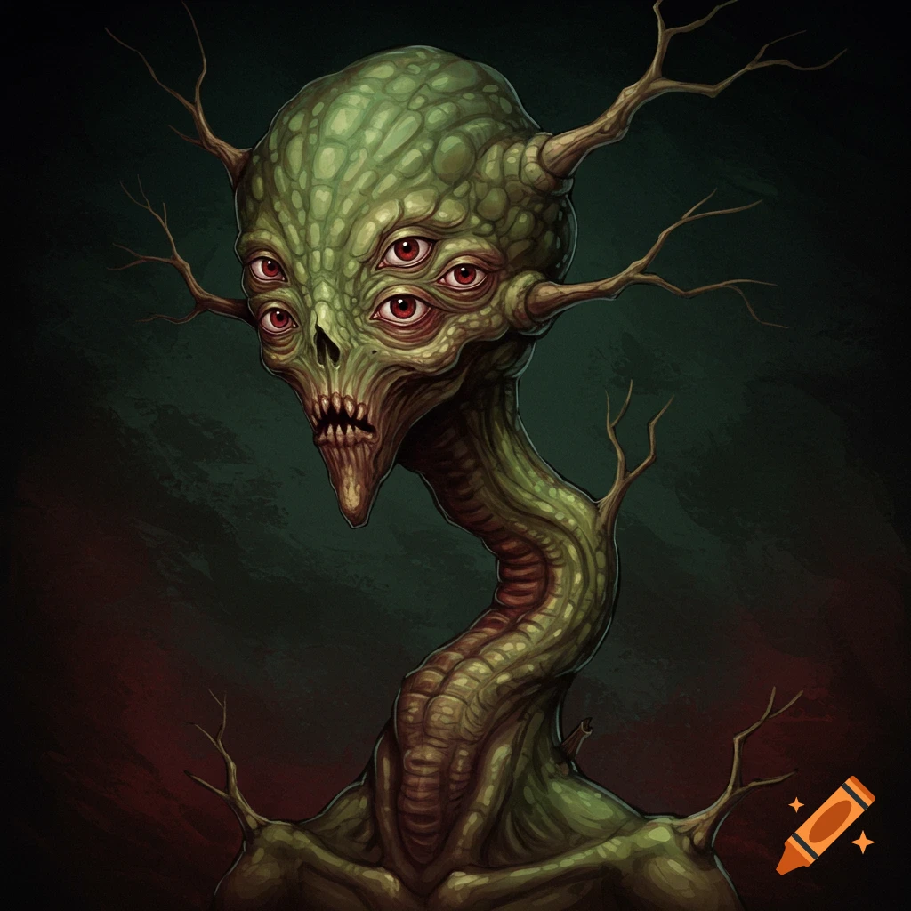 A green, multi-eyed creature with a long neck and branches.