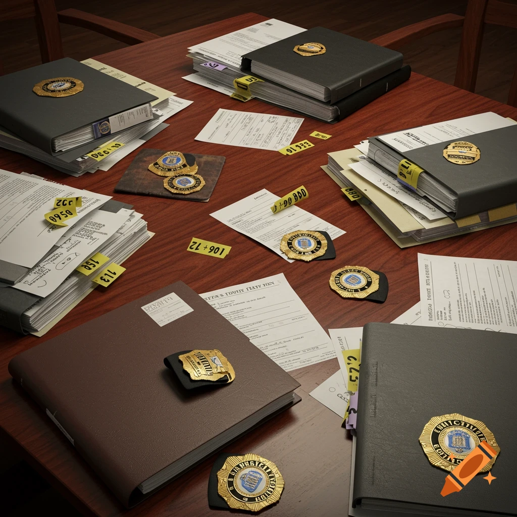 Detective case files, binders, and badges on a wooden table.