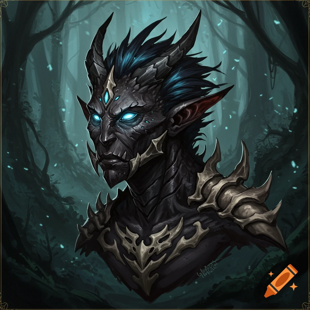 A fantasy creature with horns, glowing blue eyes, and armor, in a forest.