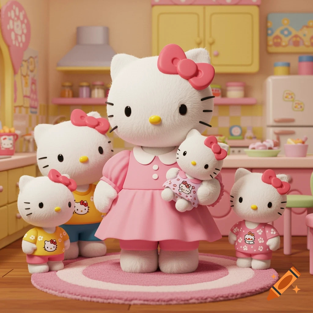 Hello Kitty mother with her three children in a kitchen, 3D render.