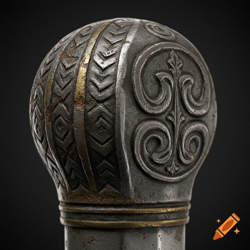 Close-up view of an ornate metal sword pommel with intricate patterns and a gold band.
