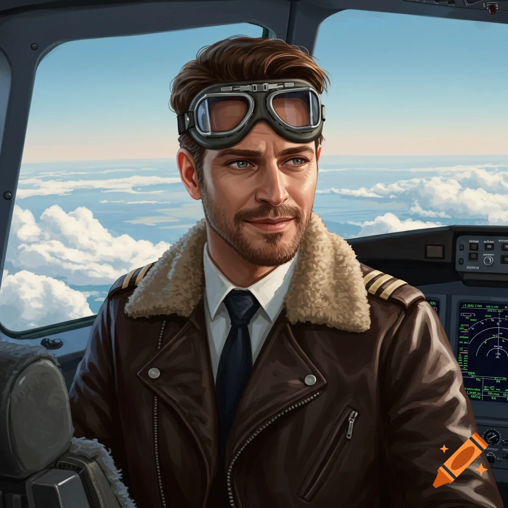 A pilot with goggles and a leather jacket in a cockpit.