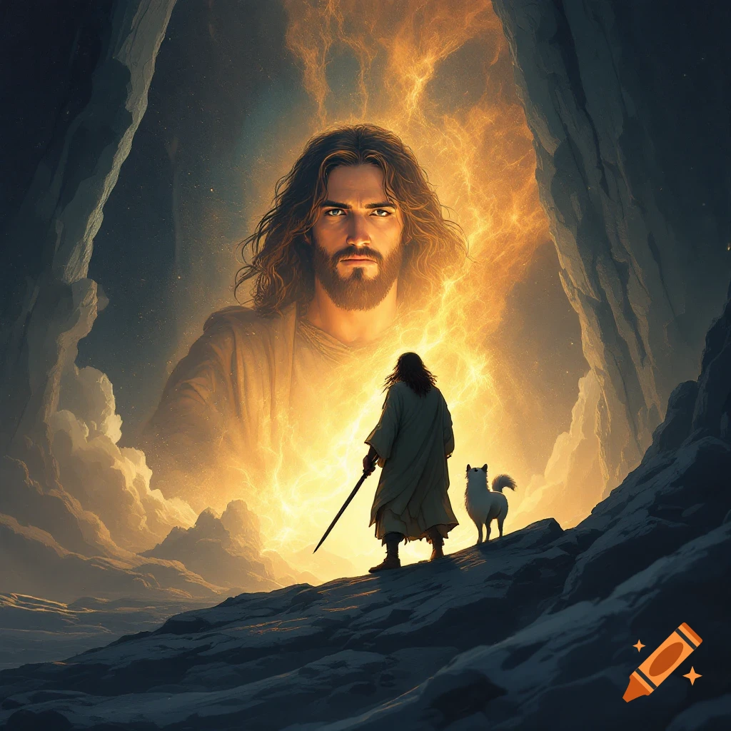 Large glowing face of Jesus appears behind a figure with a staff walking with a dog towards a cave entrance.