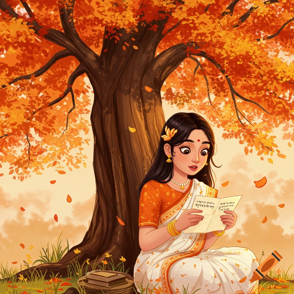 A girl in a sari reads a letter under a large tree with orange autumn leaves.