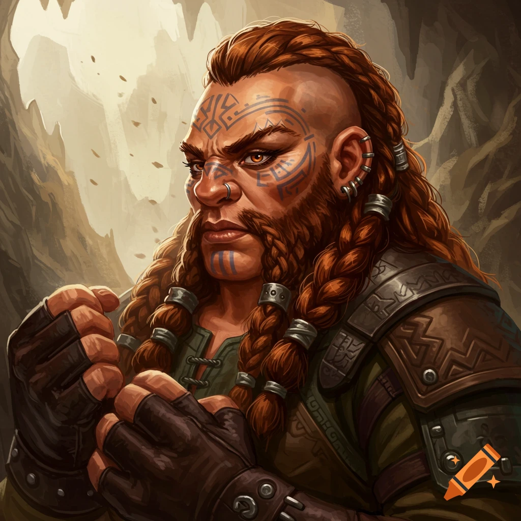 A fantasy dwarf with a braided beard and face tattoos.