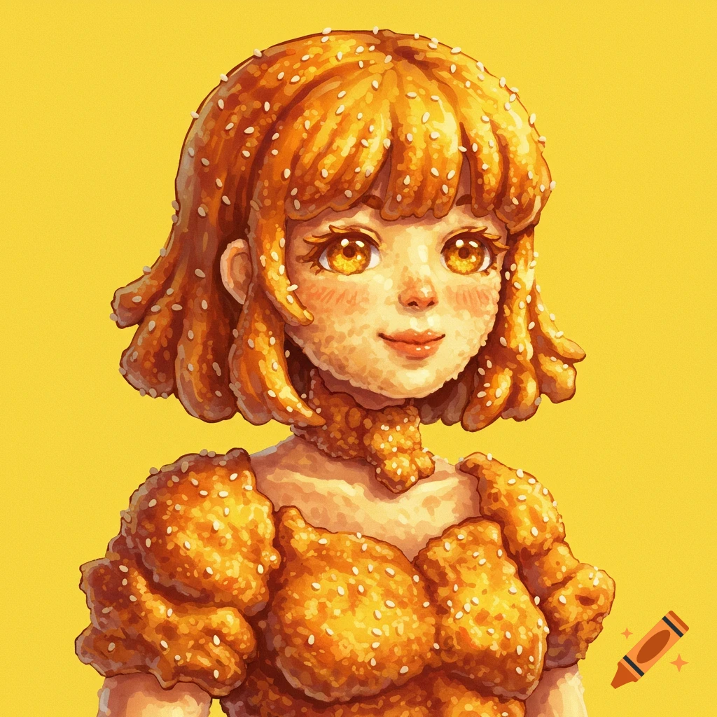 A girl made of chicken nuggets and sesame seeds on a yellow background.