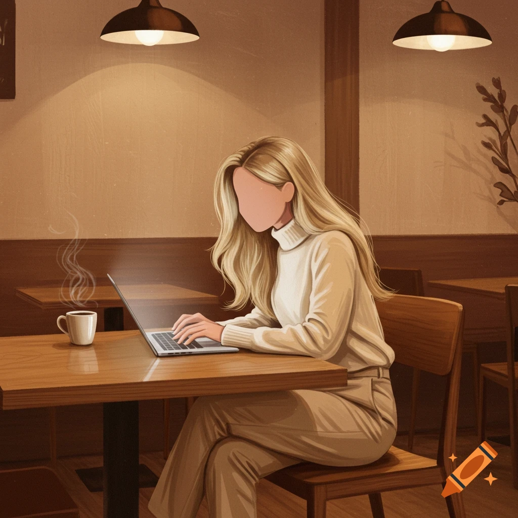 A blonde faceless woman works on a laptop in a beige aesthetic coffee shop.