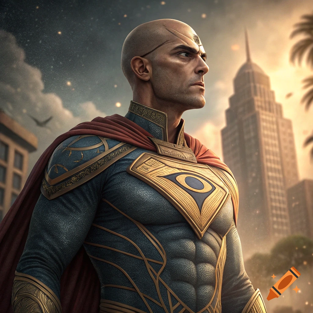 Bald superhero with cape and chest emblem stands against a city background.