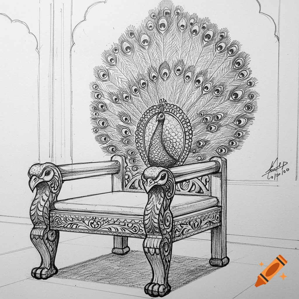 Pencil sketch of an ornate peacock throne chair.