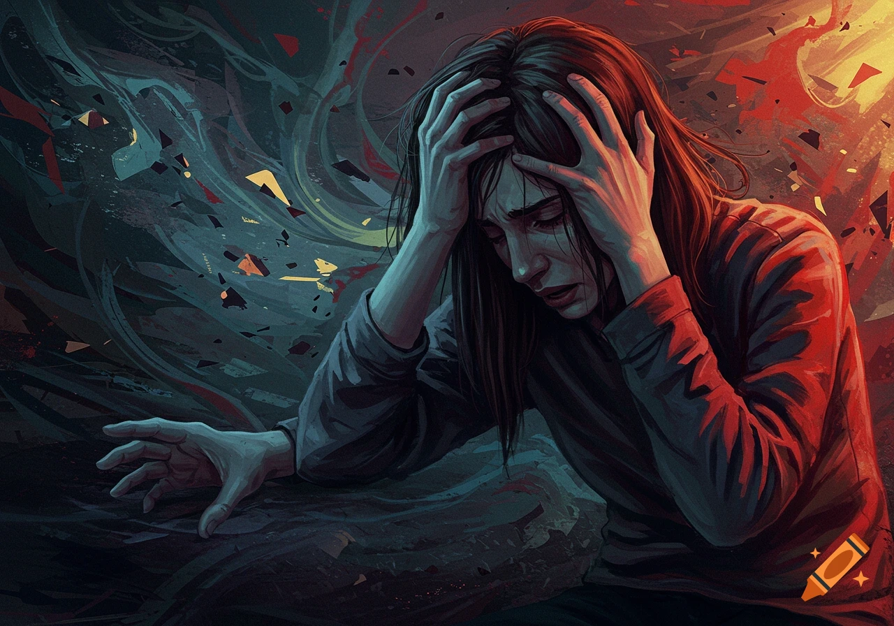 A person clutches their head amidst swirling abstract shapes.
