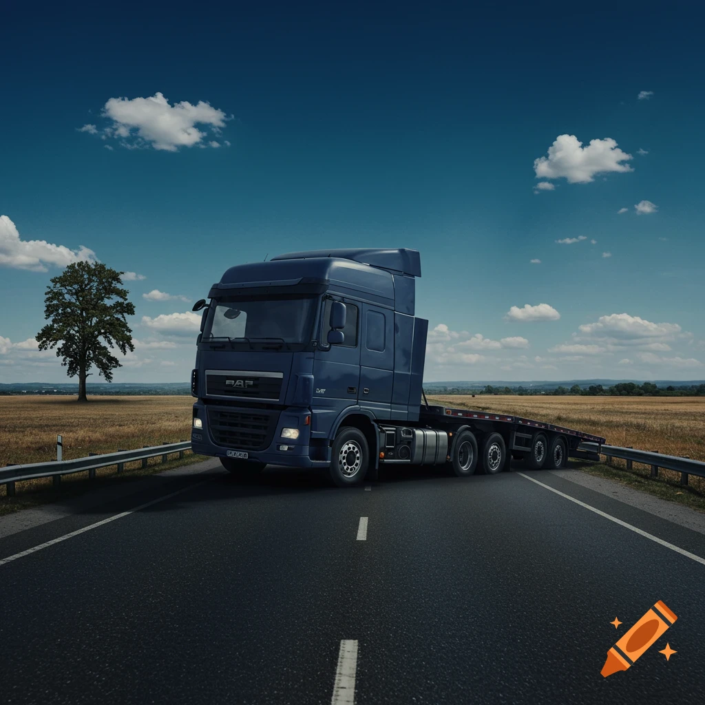 A blue semi-truck with a trailer on a rural road under a blue sky with clouds.
