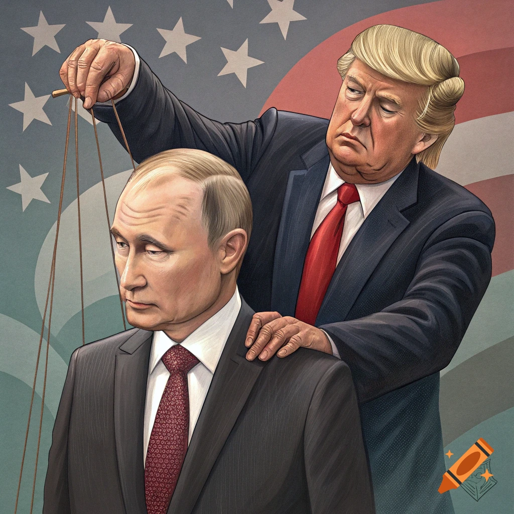 Illustration of Donald Trump controlling Vladimir Putin like a puppet.