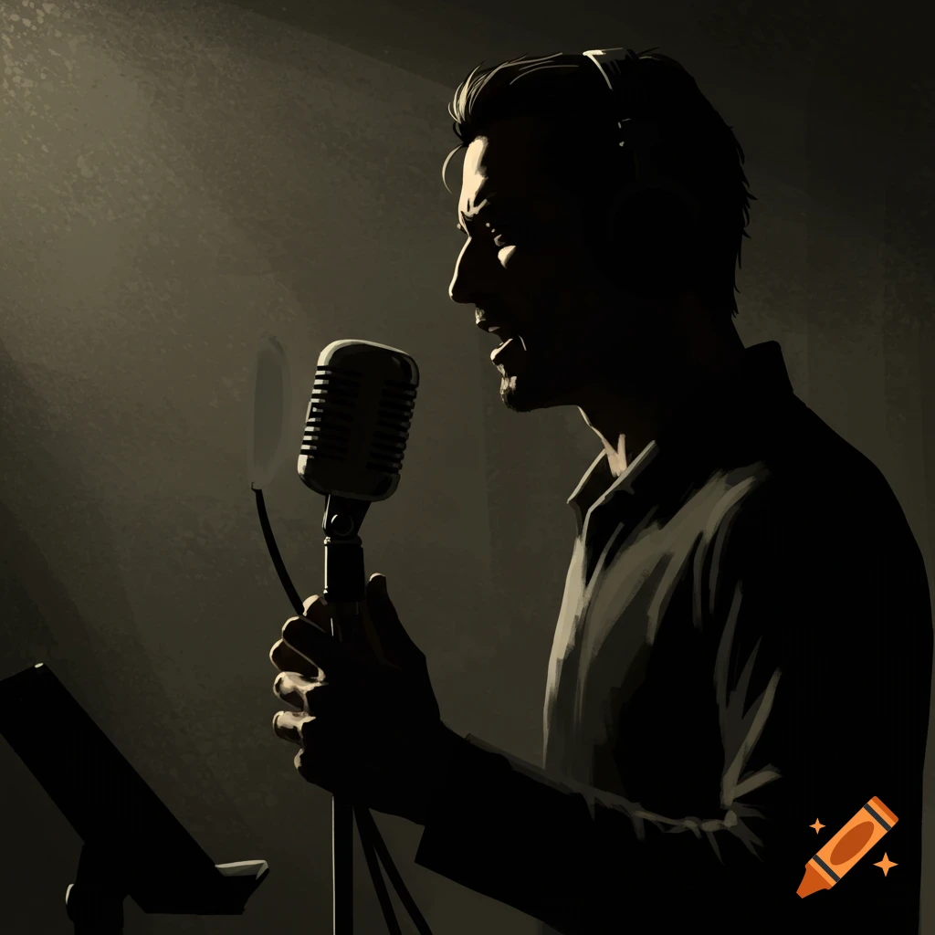 A man in silhouette speaks into a vintage microphone.