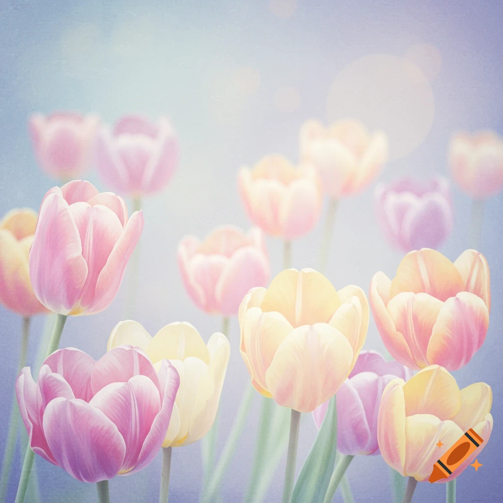 Pastel pink, yellow, and orange tulips in soft focus