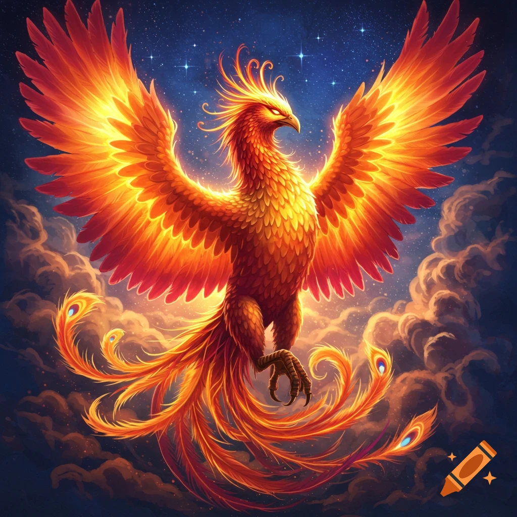 A vibrant image of a fiery phoenix flying through starry clouds.