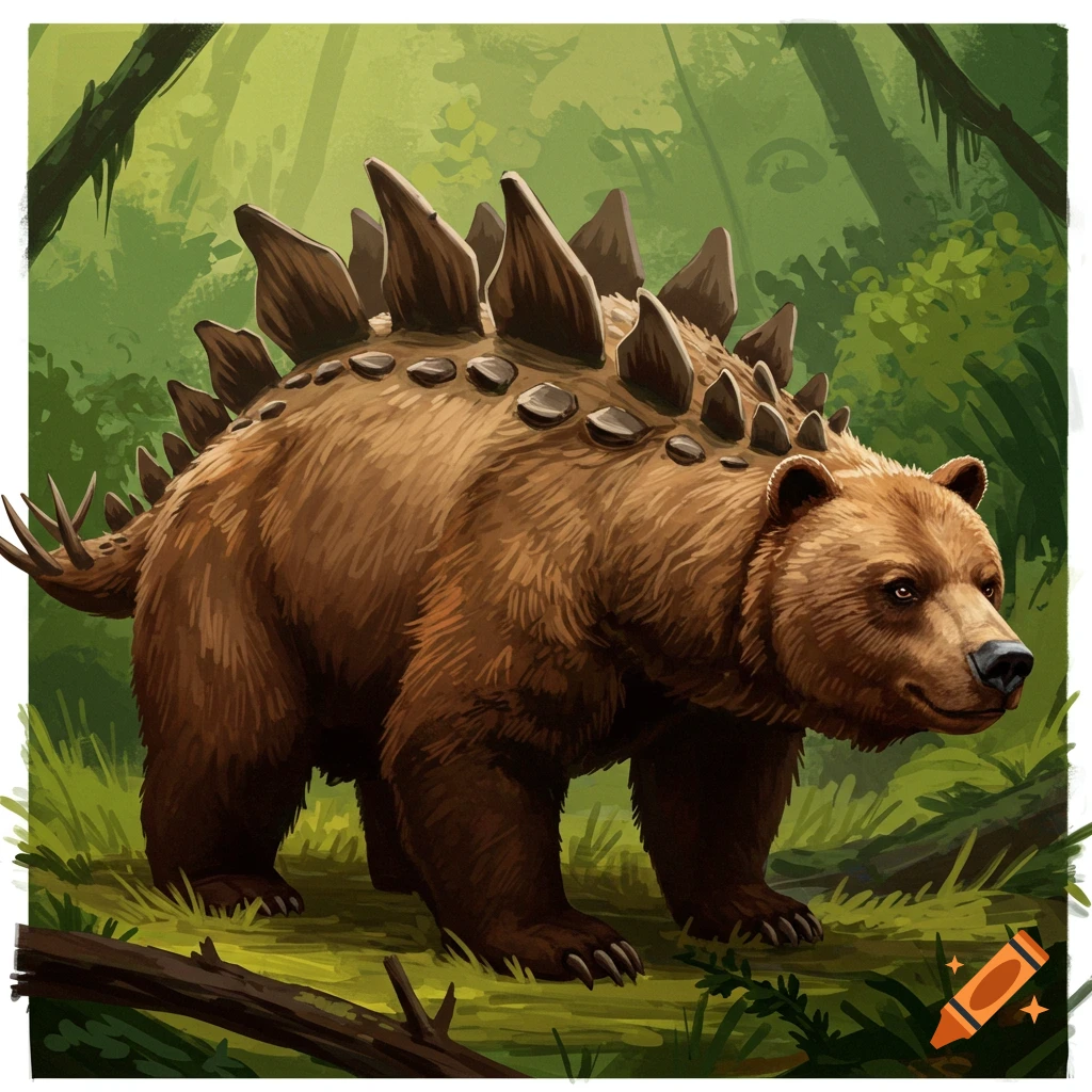 A stegosaurus bear hybrid standing in a forest.
