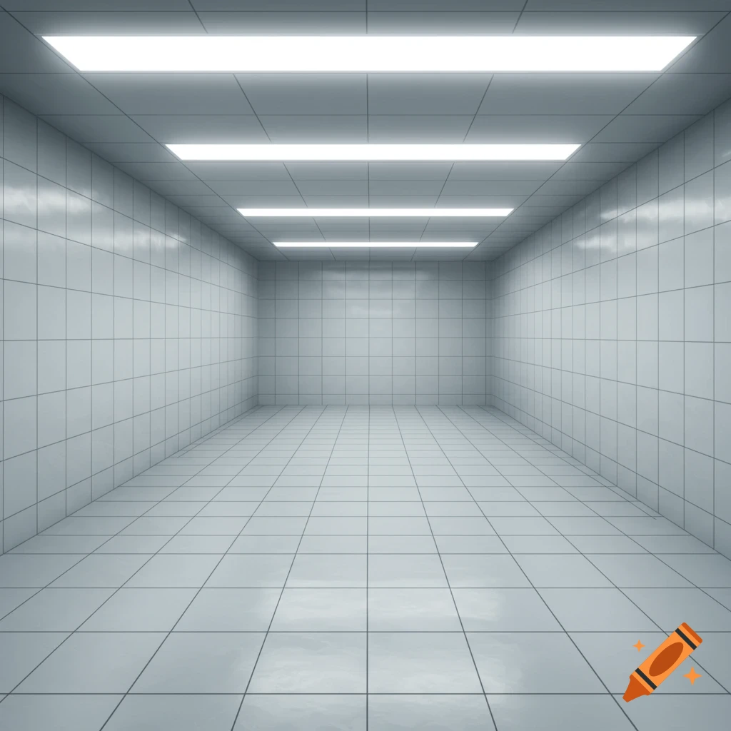 An empty room with white tiles on the walls and floor, lit by fluorescent lights in the ceiling.