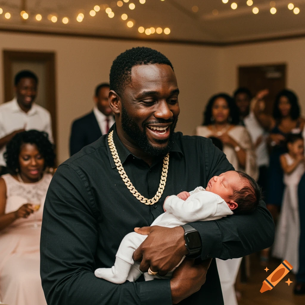 Candid photo of a Black man smiling while holding a sleeping newborn baby at a wedding reception.