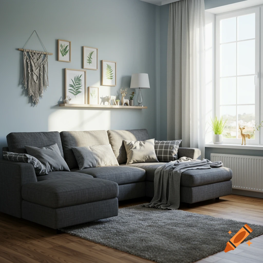 A cozy living room with a large grey sectional sofa, a textured rug, and decor on a wall shelf. Sunlight streams in through a large window.