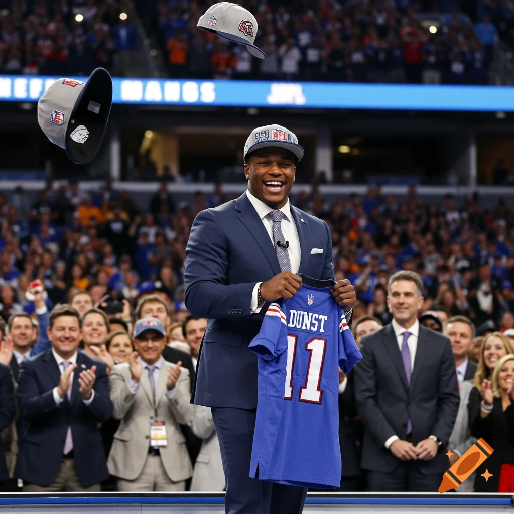 An NFL player holds up a blue jersey with "DUNST 11" on it at the draft, while hats fly in the air and a crowd cheers in the background.