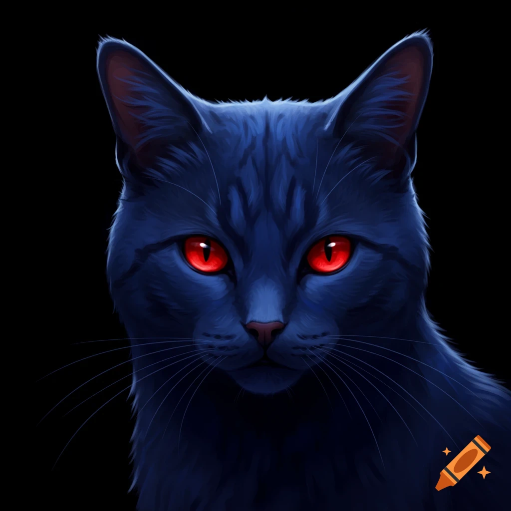 A dark blue cat with bright red eyes looking directly at the viewer.