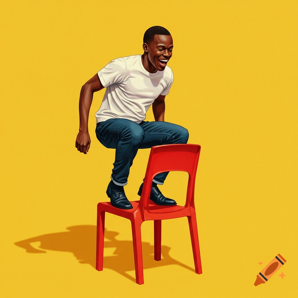 A man bouncing on a red chair against a yellow background.