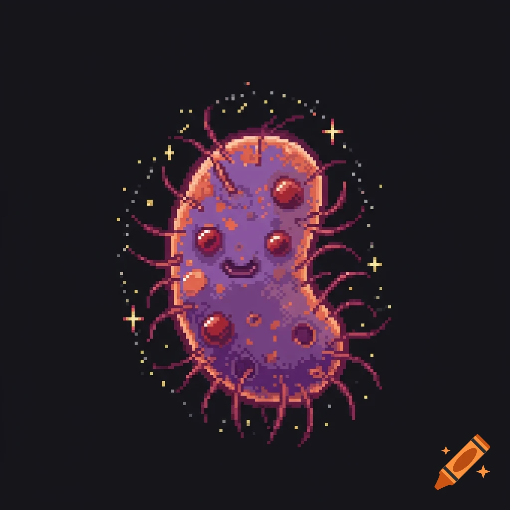 Pixel art illustration of a cute purple germ with tentacles, smiley face, and sparkles on a black background.