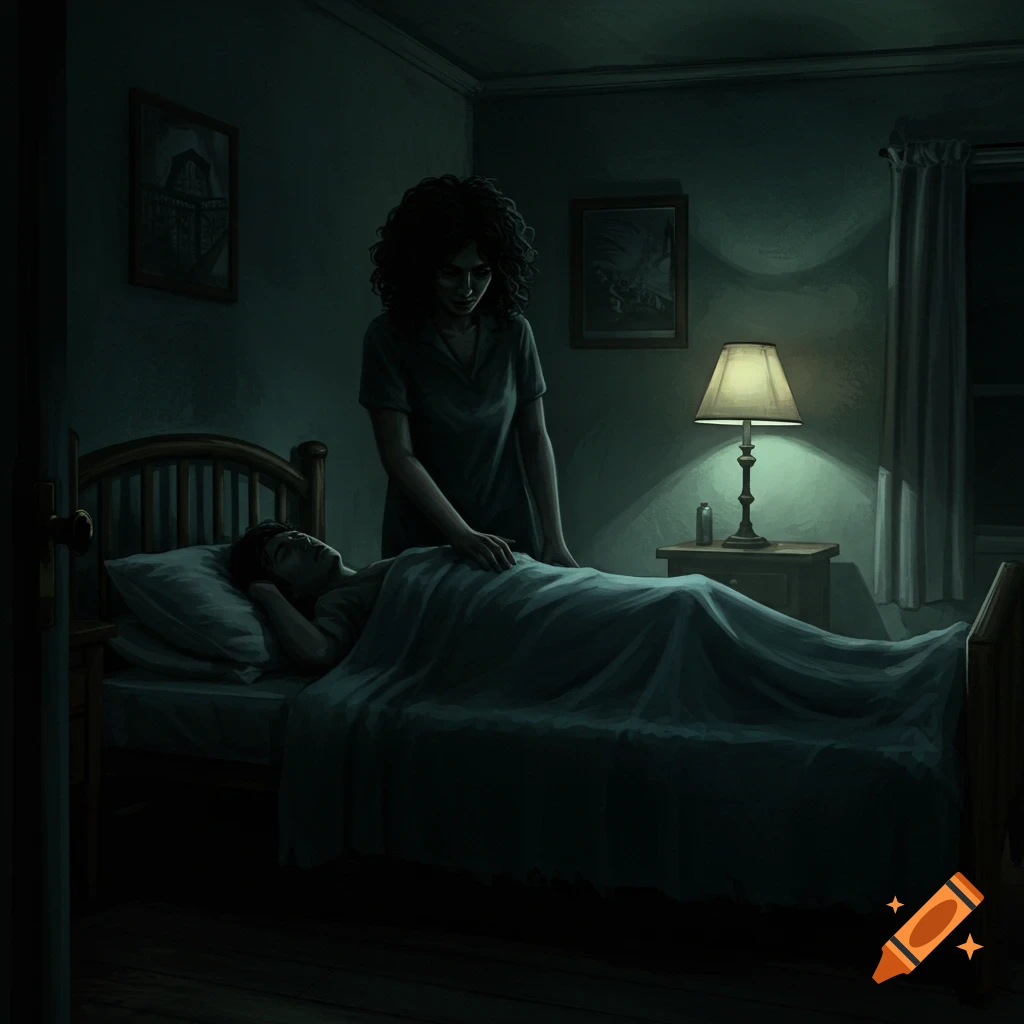 A shadowy figure looks down on someone in a bed in a dark room.