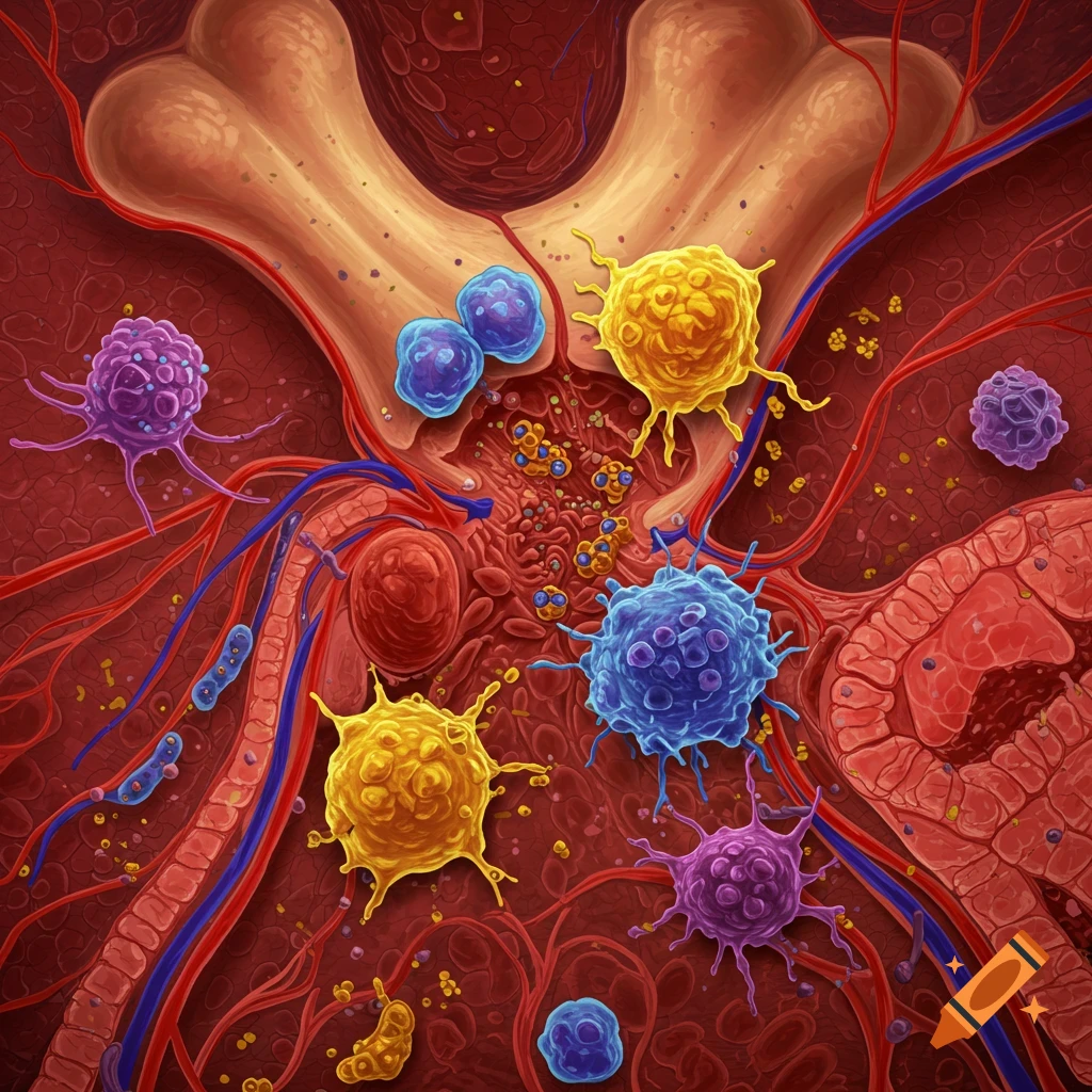 Bone marrow with blood vessels and colorful immune cells.