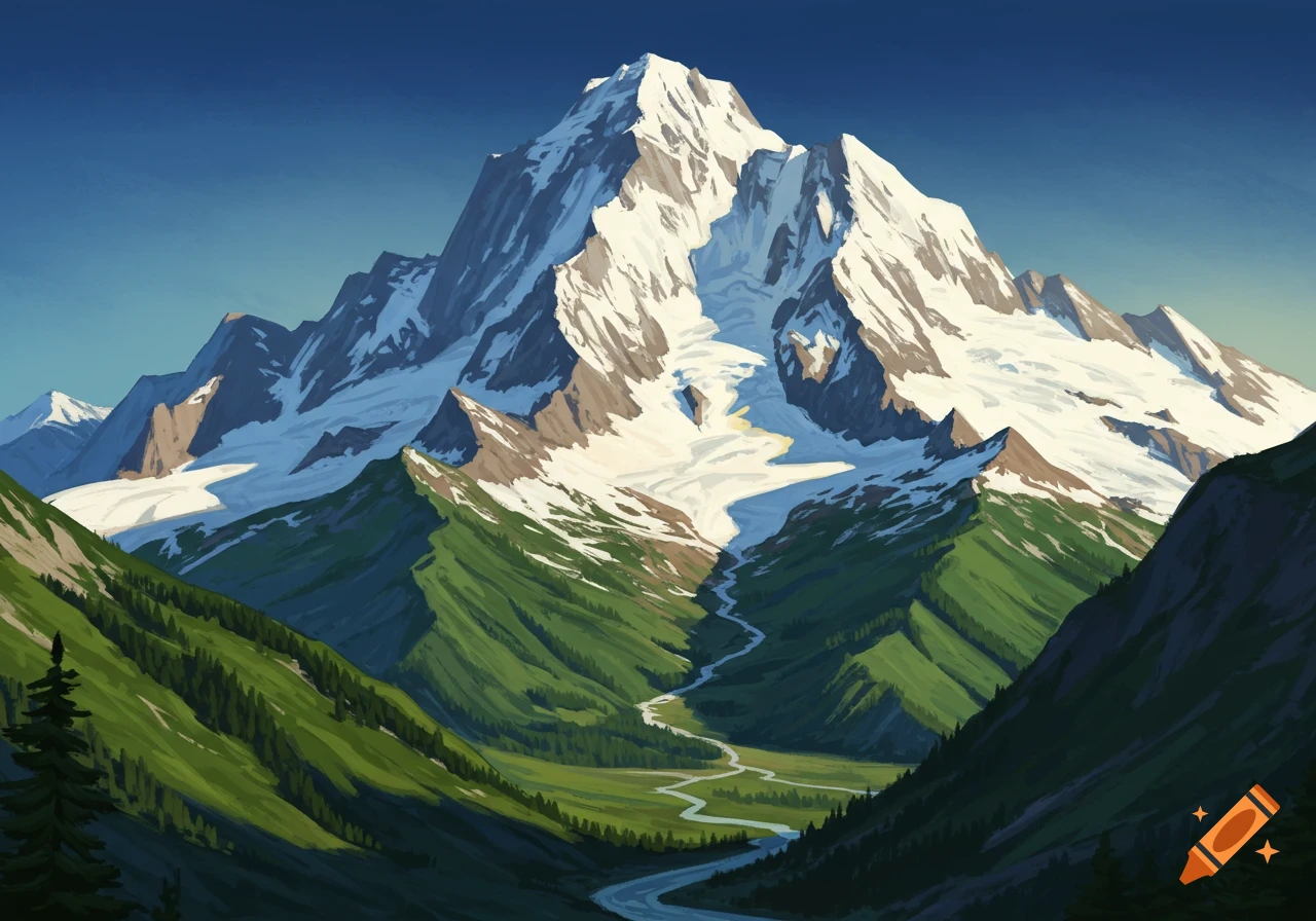 A snow-capped mountain towers over a valley with a winding river and green trees.