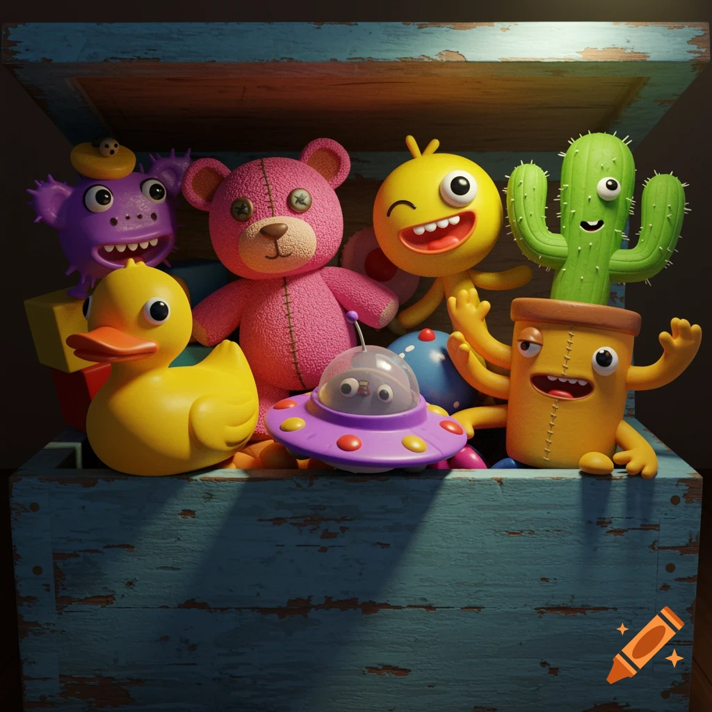 Colorful, quirky cartoon toys in a wooden toybox.