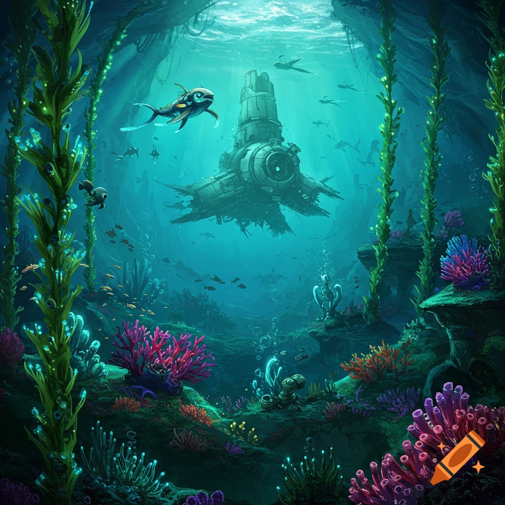 An underwater scene featuring a large sci-fi structure, various fish, and vibrant coral.