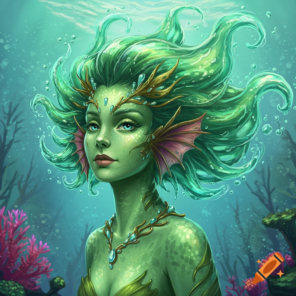 A green-skinned mythical creature with flowing green water-hair in an underwater setting.
