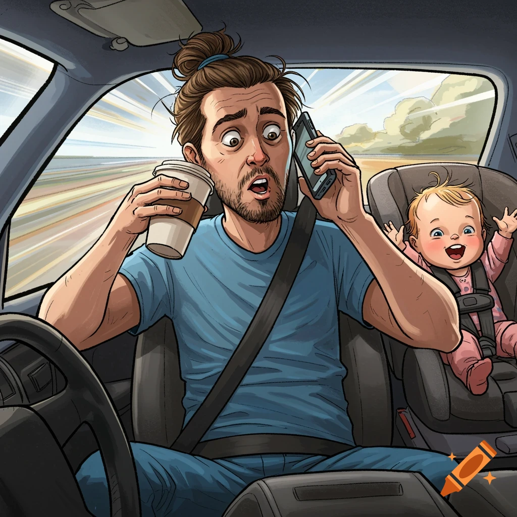 Comic style illustration of a panicked man driving distracted with coffee and phone, a baby is happy in the back seat.