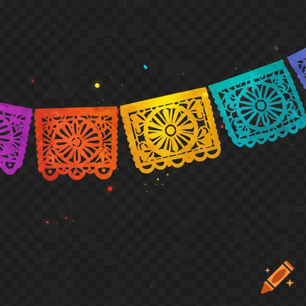 Colorful papel picado banners with intricate patterns and paint splatters on a transparent background