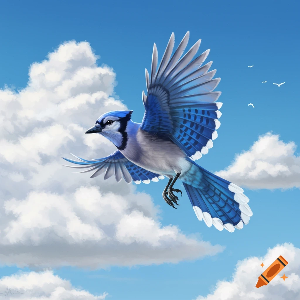 A blue jay soaring in the sky