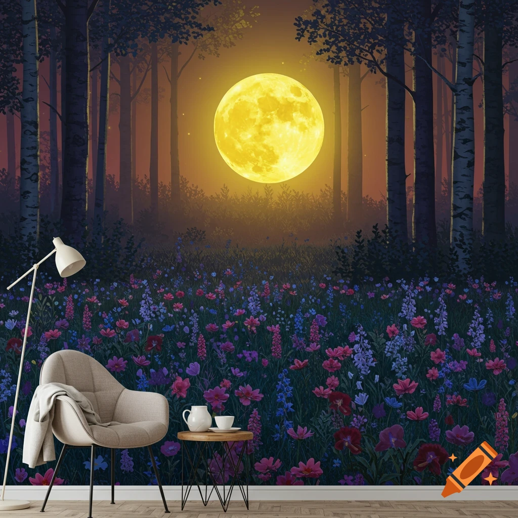 Night forest scene with a large yellow moon over a field of colorful flowers, presented as a wallpaper behind a chair and table.