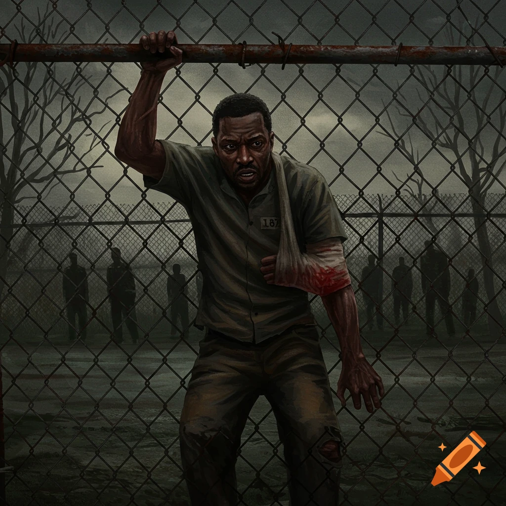 A man with a bloody bandage on his arm climbing a fence in a prison yard with silhouetted figures in the background.