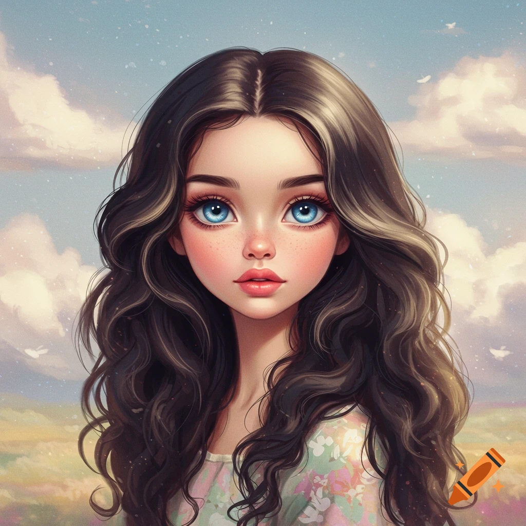 A pretty girl with curly brown hair and blue eyes against a cloudy sky.
