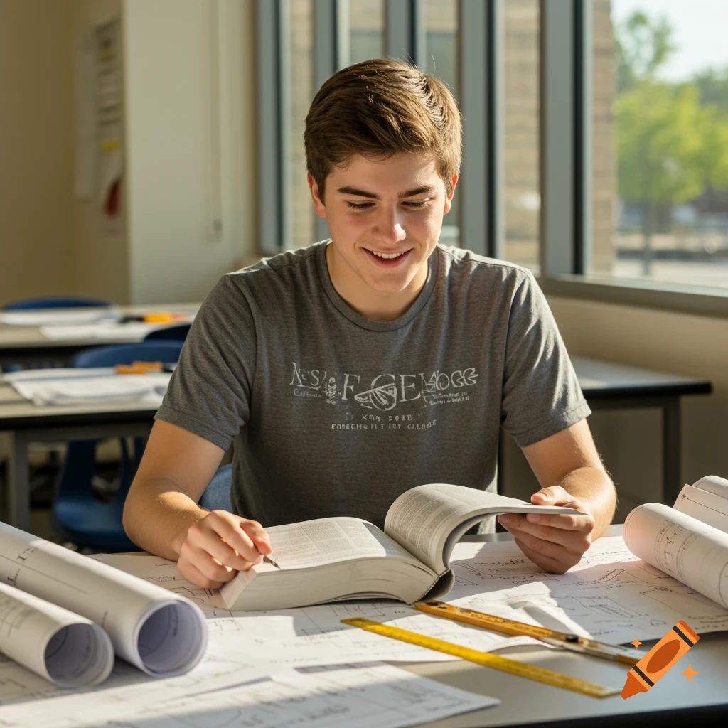A young man studies a book and blueprints at a table in a classroom.