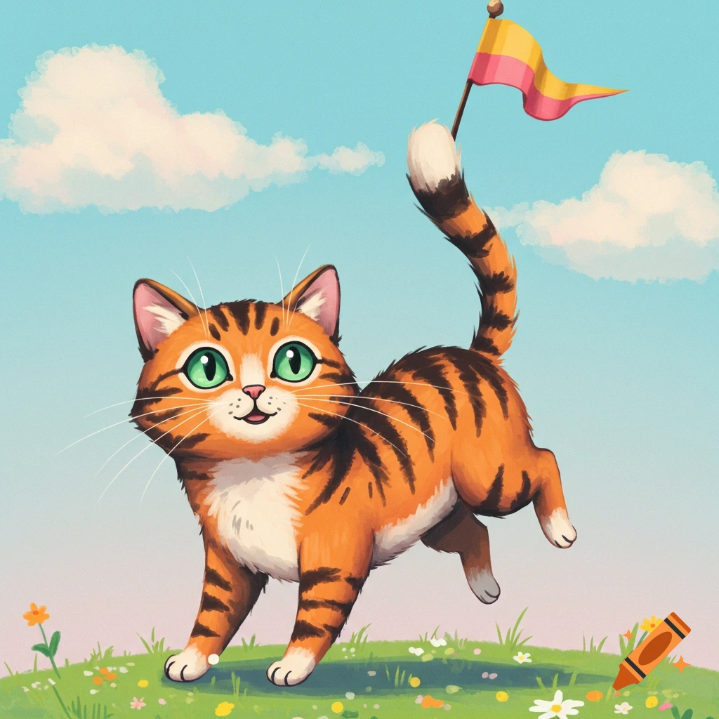 An orange tabby cat leaping in a field with a flag on its tail