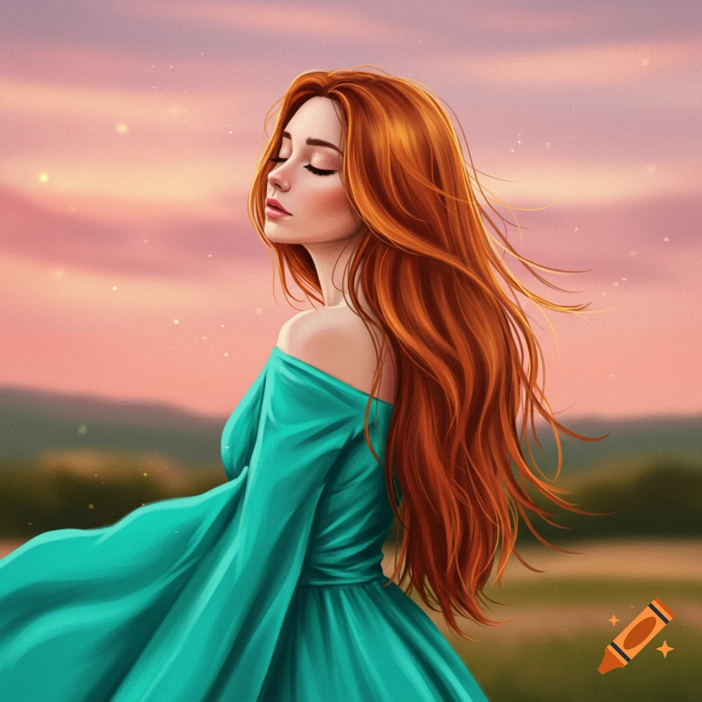 A woman with long red hair blowing in the wind, wearing a teal dress against a sunset sky.
