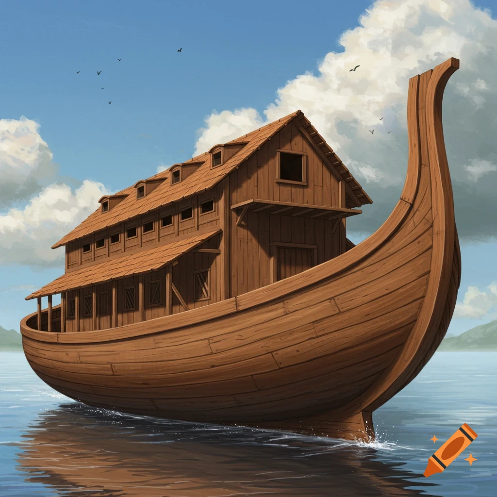 A large wooden ark floats on calm water under a blue sky with clouds and birds.
