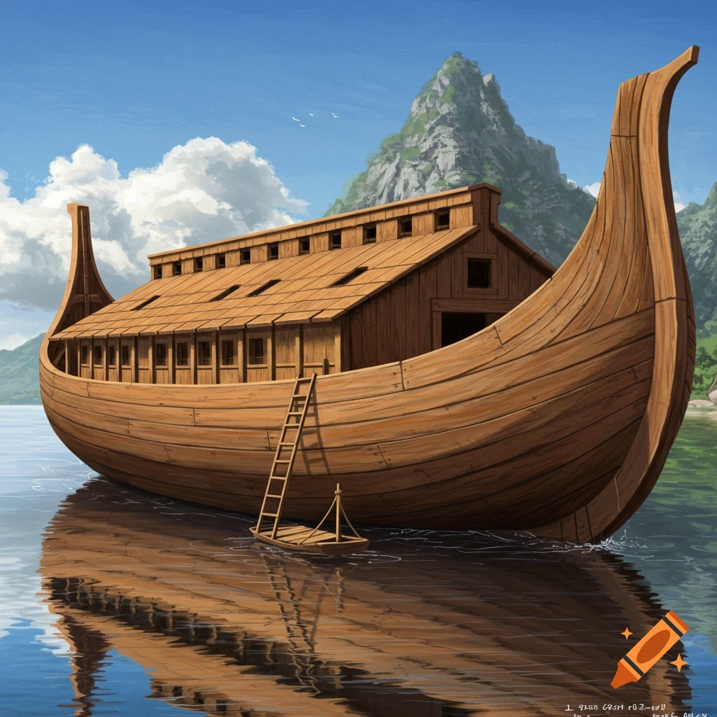 A large wooden ark floats on calm water near a mountain range under a blue sky.