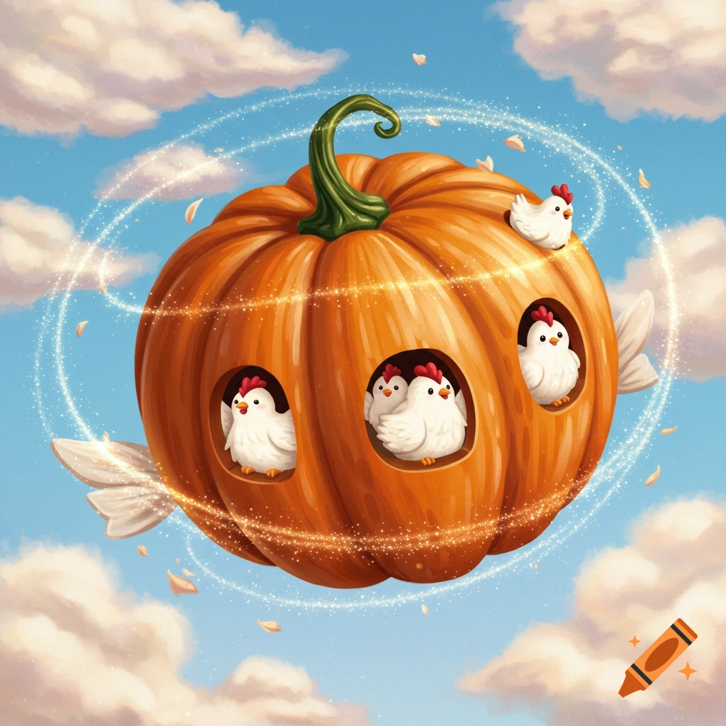 A whimsical scene of a pumpkin carriage flying through the sky with chickens looking out of holes.