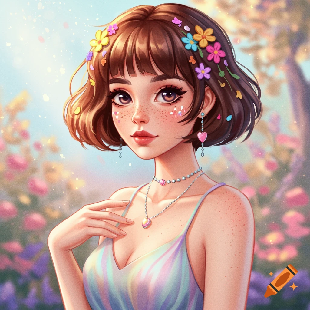 Anime portrait of a girl with flowers in her hair standing in a garden.