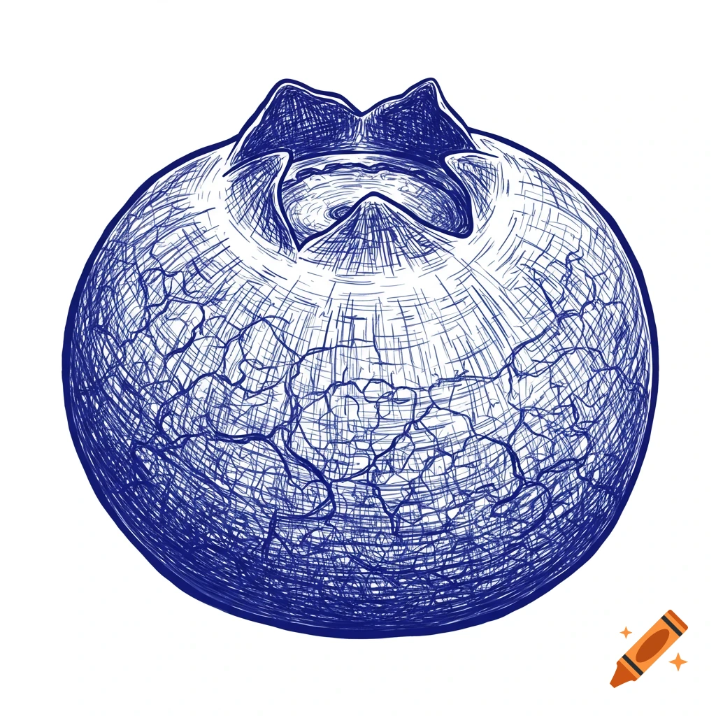 A blue line art illustration of a single blueberry