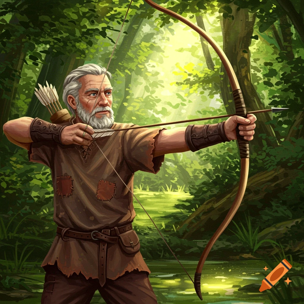 An old man aiming a longbow in a sun-dappled forest.