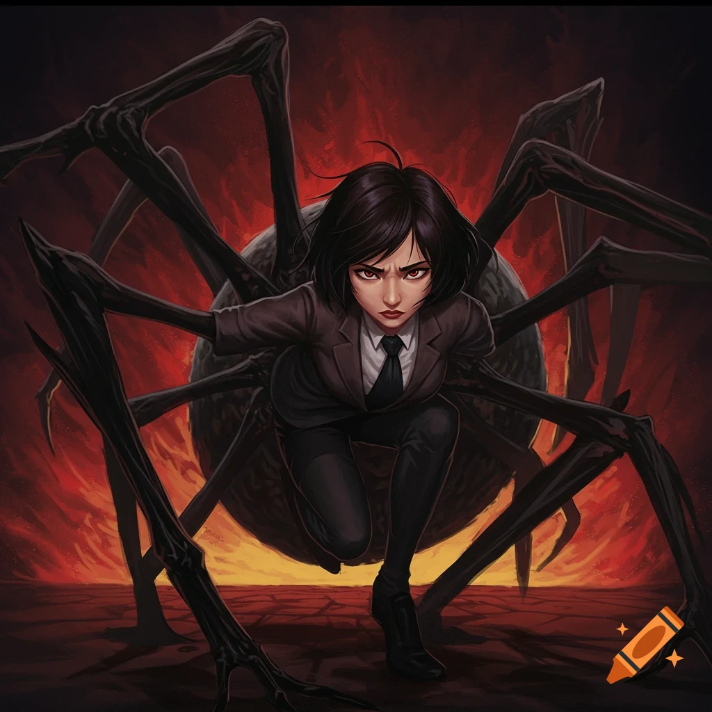 A woman in a suit facing a spider monster against a fiery red background.
