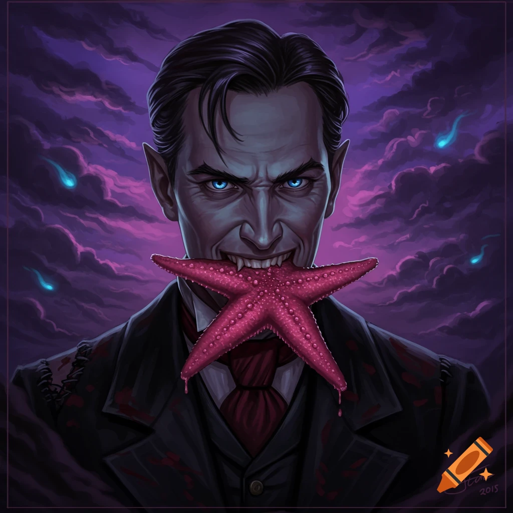 A man with fangs is biting a large pink starfish, against a purple stormy sky.